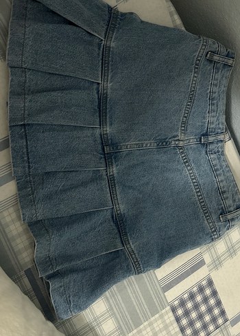 Kadın Mavi Pilili Denim Mini Etek - Görsel 2