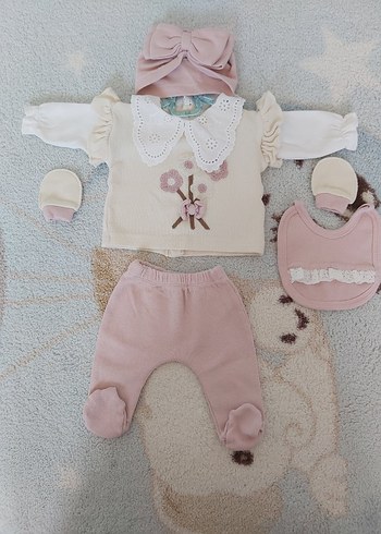 Pembe Çiçek Nakışlı 5 li Bebek Takımı - manisa