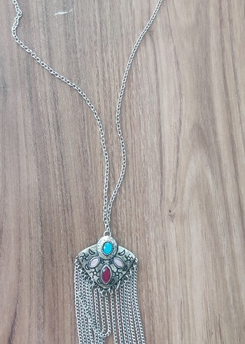 Uzun Zincir Detaylı Etnik Turkuaz Bohem Kolye