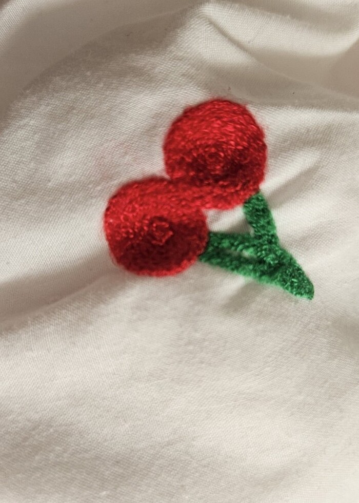 Kadın Balon kollu kayık yaka Kiraz nakışlı crop top - Görsel 2