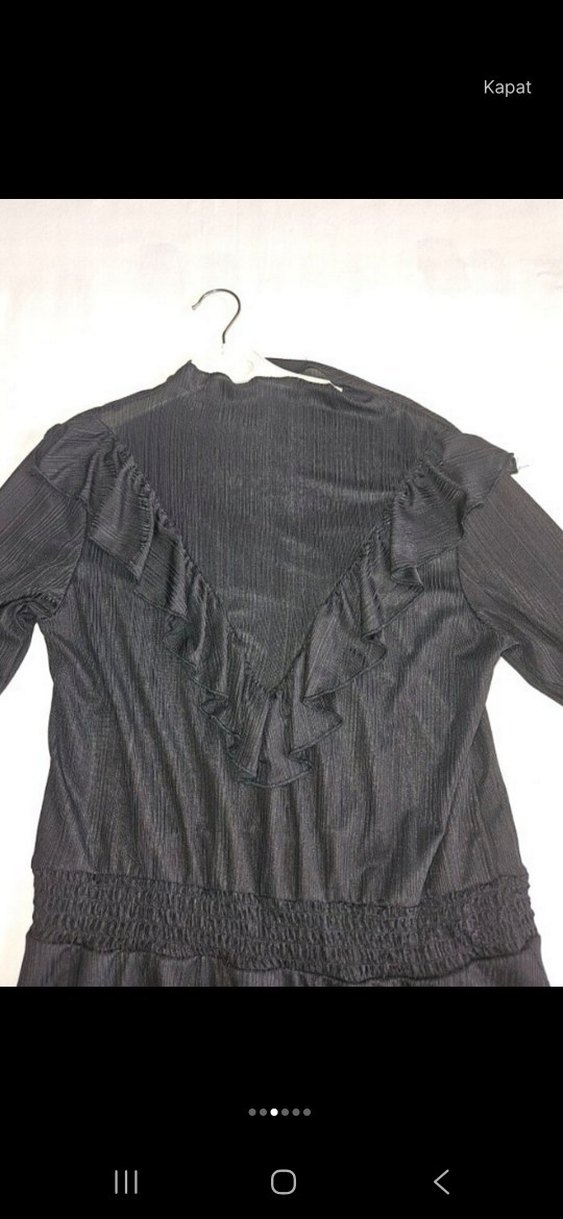 Uzun Kollu Siyah V Fırfırlı Tül Elbise - Görsel 3