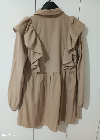 Bej Kadın Keten Midi Tunik Fırfırlı - Görsel 4