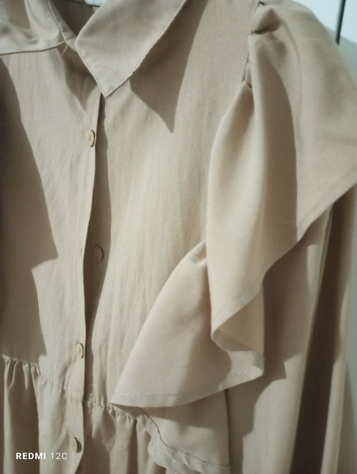 Bej Kadın Keten Midi Tunik Fırfırlı - Görsel 2