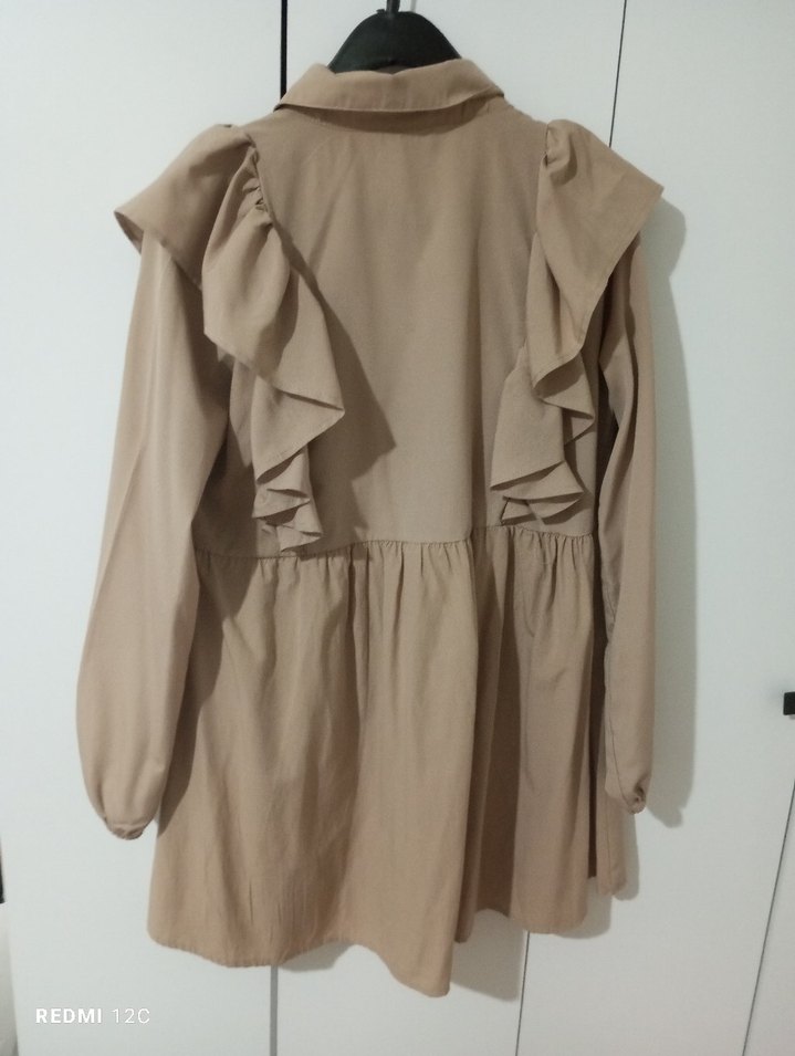 Bej Kadın Keten Midi Tunik Fırfırlı - Görsel 4