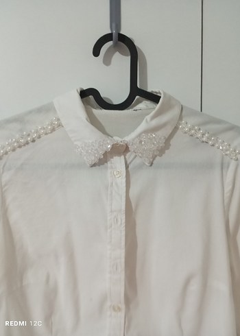 İnci Detaylı Uzun Kollu Beyaz Kadın Gömlek - Görsel 2