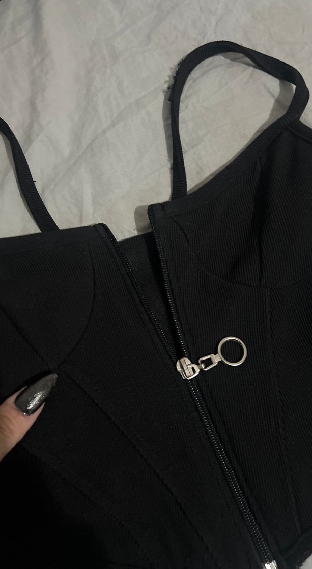 Siyah Fermuarlı Gotik Straplez - Görsel 2