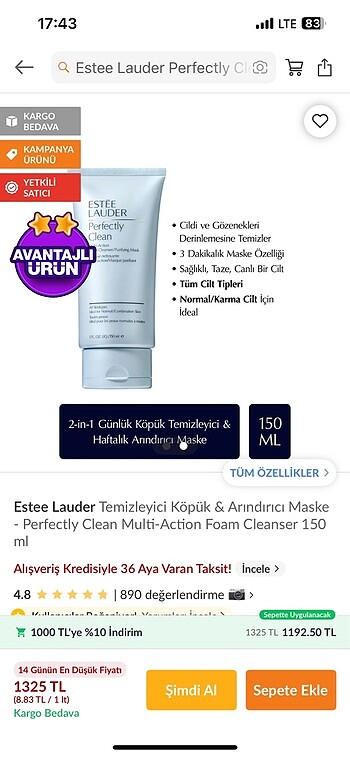 Beden Estee Lauder temizleyici köpük
