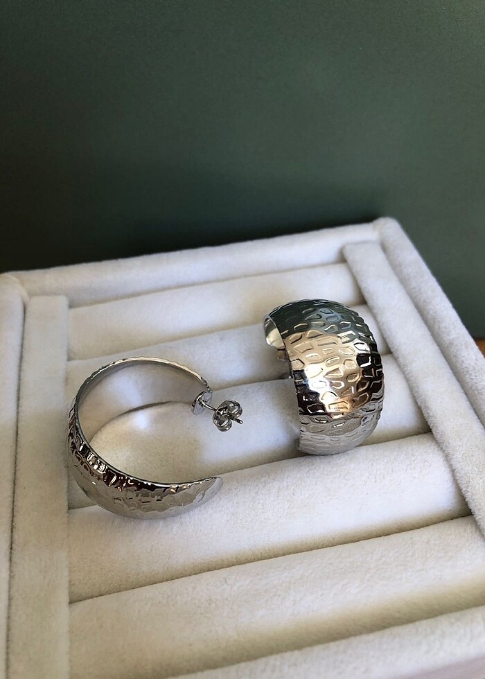 Silver Plakalı Halka Çelik Küpe - Görsel 4