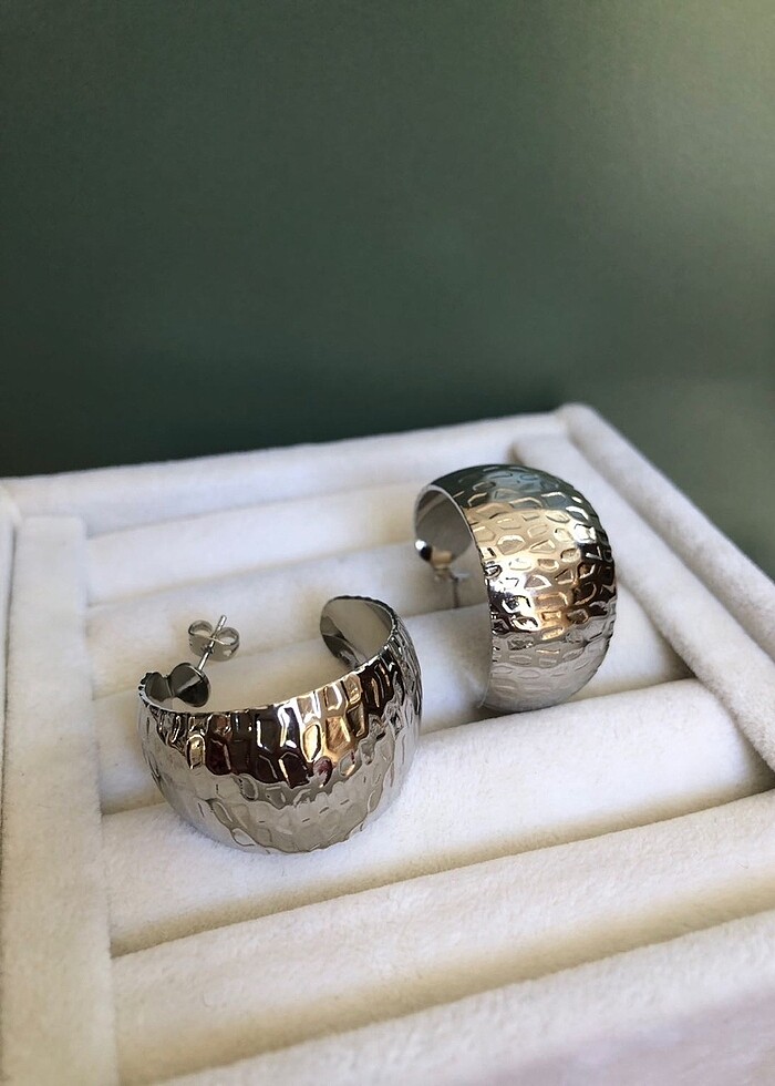 Silver Plakalı Halka Çelik Küpe - Görsel 5