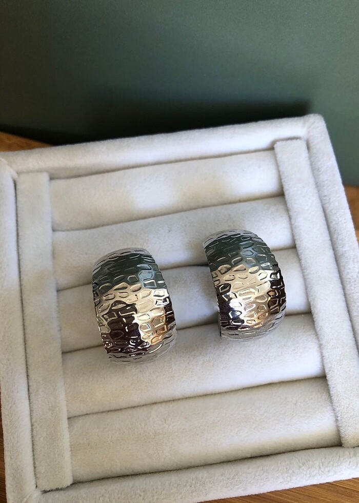 Silver Plakalı Halka Çelik Küpe - Görsel 2