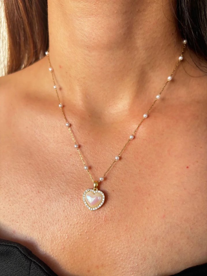 İnci Detaylı Çelik Kalp Kolye - Görsel 5