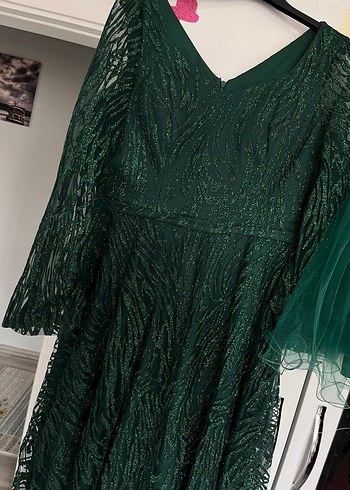 Yeşil Dantel İşlemeli Midi Abiye Elbise - Görsel 2