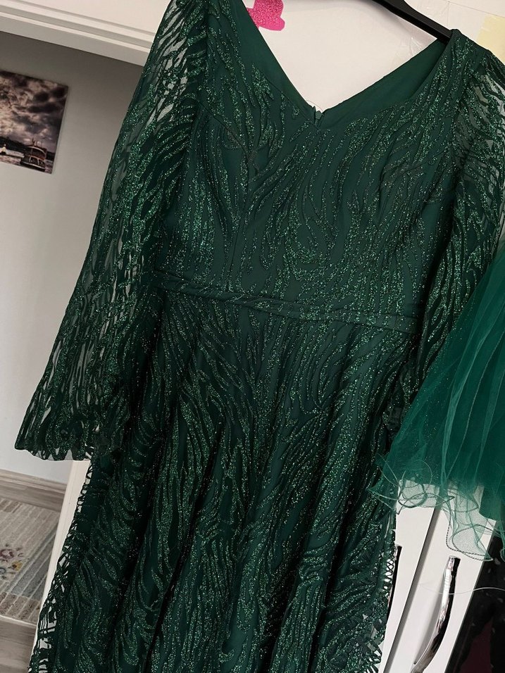 Yeşil Dantel İşlemeli Midi Abiye Elbise - Görsel 2