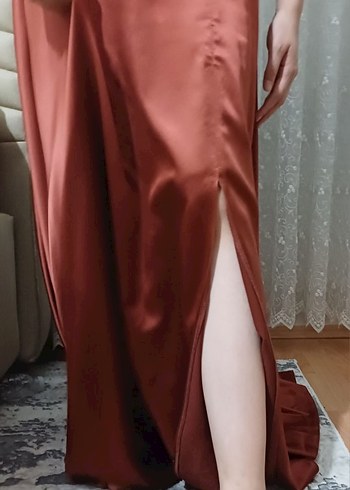 Diğer Kiremit Saten V Yaka Midi Elbise