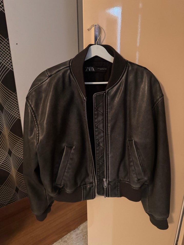 Zara Gri Deri Kadın Ceket - Görsel 3