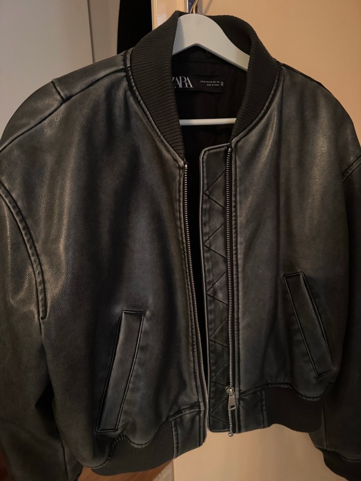 Zara Gri Deri Kadın Ceket - Görsel 5