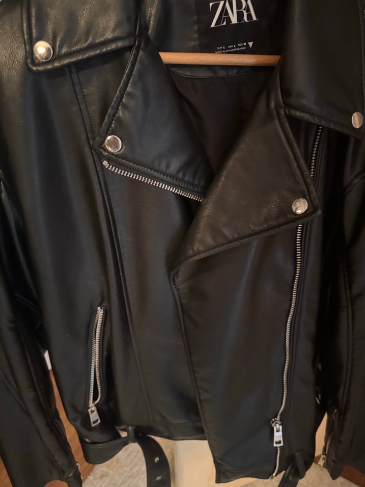 Zara Kadın Siyah Deri Biker Ceket - Görsel 4