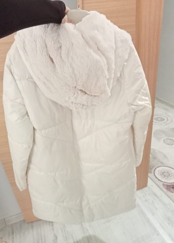 Kadın Beyaz Kürklü Midi Kaban Koton mont - Görsel 2
