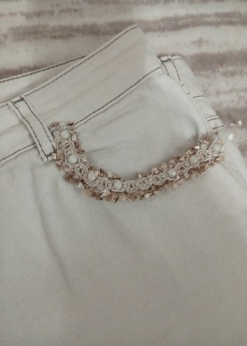 Detaylı Bej Keten Kadın Pantolon - Görsel 4