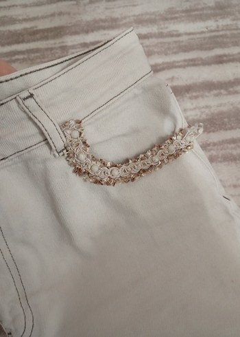 Detaylı Bej Keten Kadın Pantolon - Görsel 5