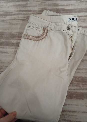 Detaylı Bej Keten Kadın Pantolon - Görsel 6