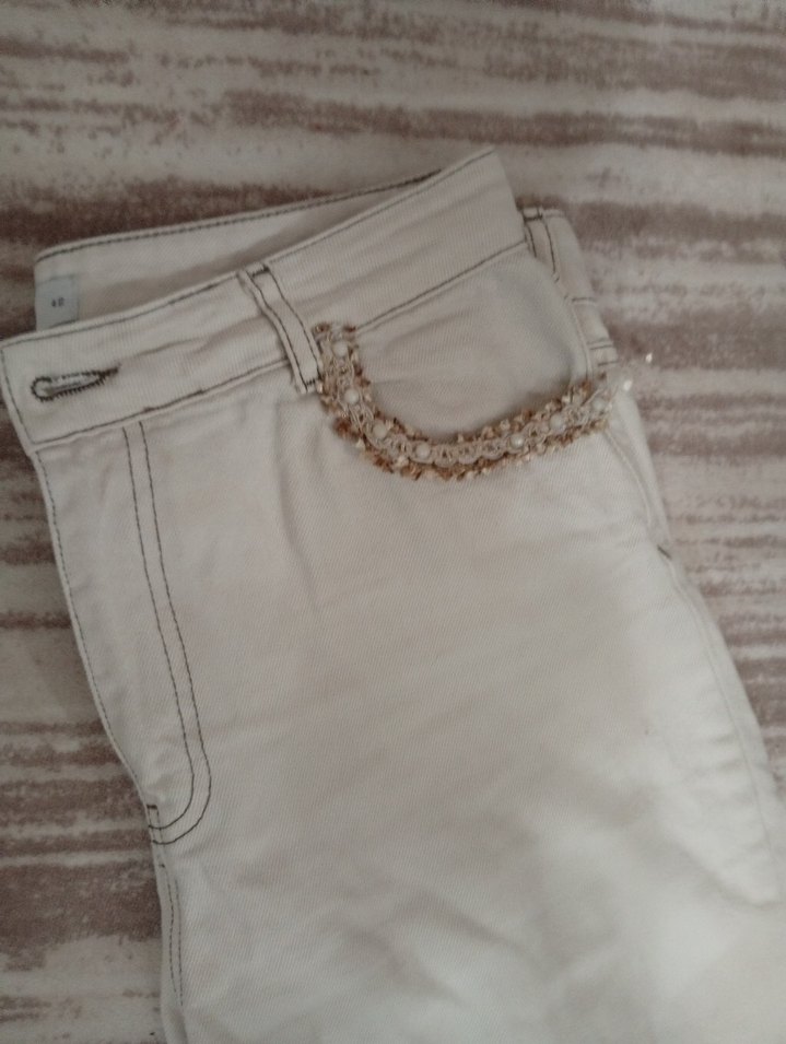 Detaylı Bej Keten Kadın Pantolon - Görsel 3