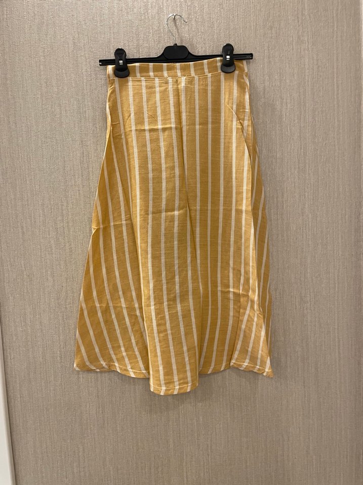 Düğmeli Sarı Çizgili Uzun Keten Etek - Görsel 3