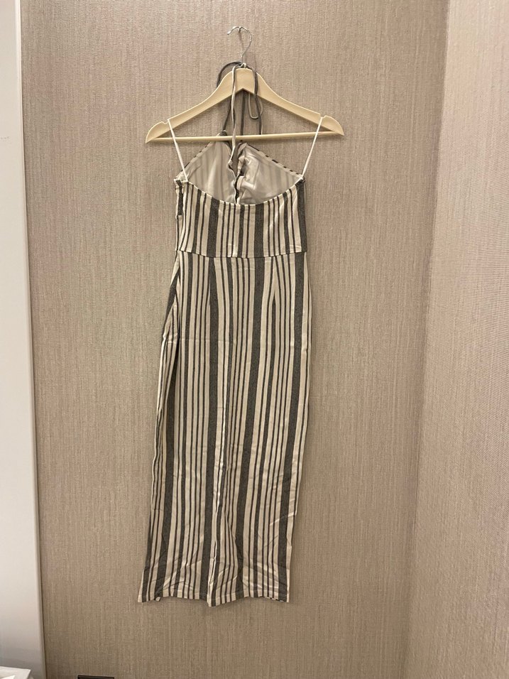 Bej Çizgili Keten Uzun Askılı Elbise - Görsel 3