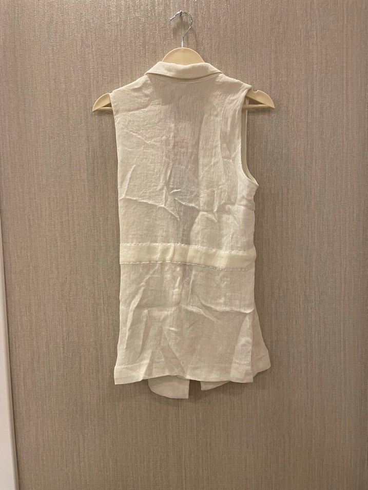 Kemerli Keten Mini Beyaz Kadın Yelek - Görsel 3