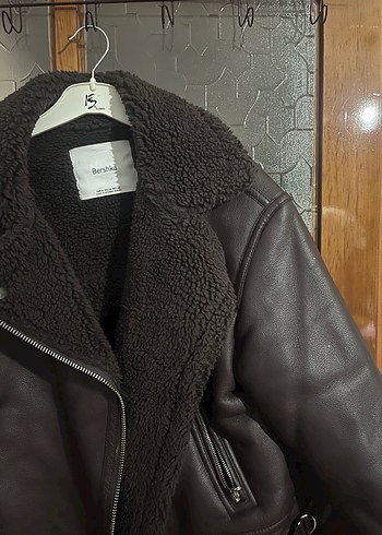 m Beden Kahverengi Kürklü Deri Kadın Biker Ceket