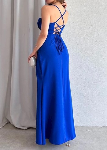 Parlak Mavi Drapeli Uzun Straplez Elbise - Görsel 3