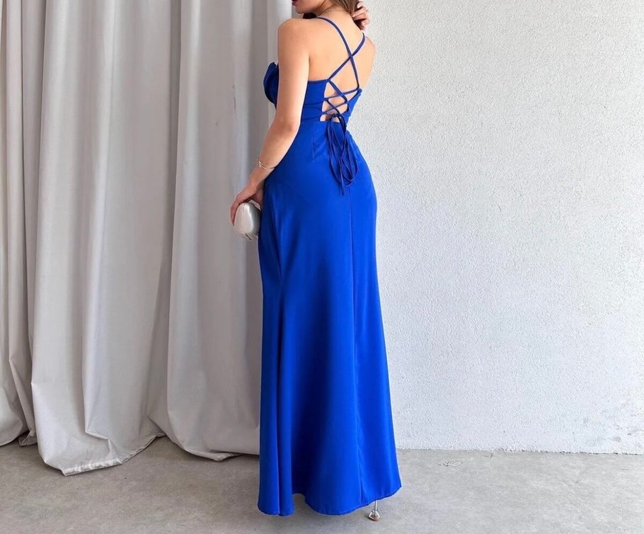 Parlak Mavi Drapeli Uzun Straplez Elbise - Görsel 3