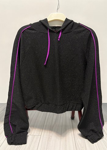 Koton Mor Şerit Detaylı Siyah Simli Kapüşonlu Kadın Sweatshirt