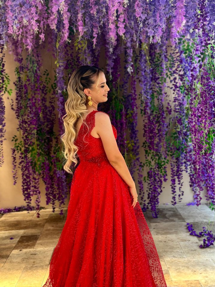 Kırmızı Dantel V Yakalı Uzun Abiye Elbise - Görsel 2