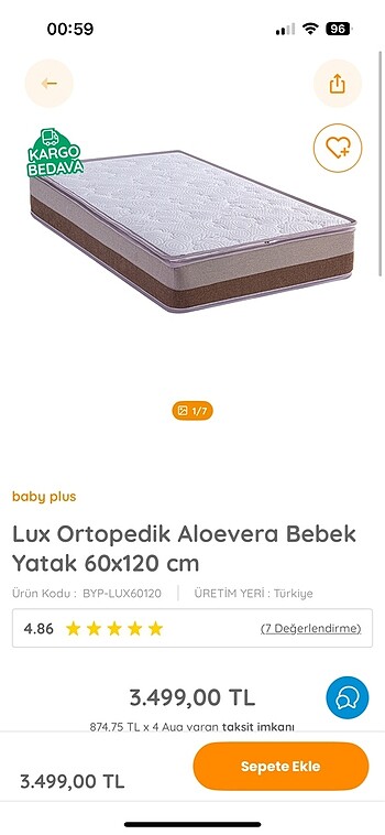 Diğer Baby Plus EBebek Lux Ortopedik Aloevera Bebek Yatağı