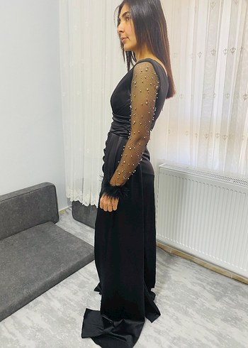 Uzun Siyah Drapeli Kadın Abiye Elbise - Görsel 5