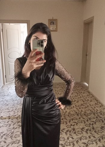 Uzun Siyah Drapeli Kadın Abiye Elbise - Görsel 2