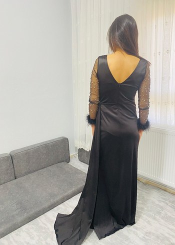 Uzun Siyah Drapeli Kadın Abiye Elbise - Görsel 4
