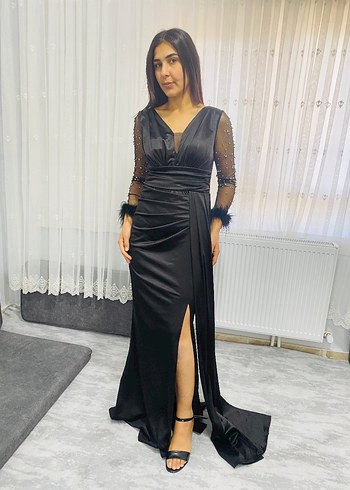 Uzun Siyah Drapeli Kadın Abiye Elbise - Görsel 6