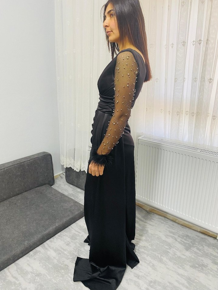 Uzun Siyah Drapeli Kadın Abiye Elbise - Görsel 5