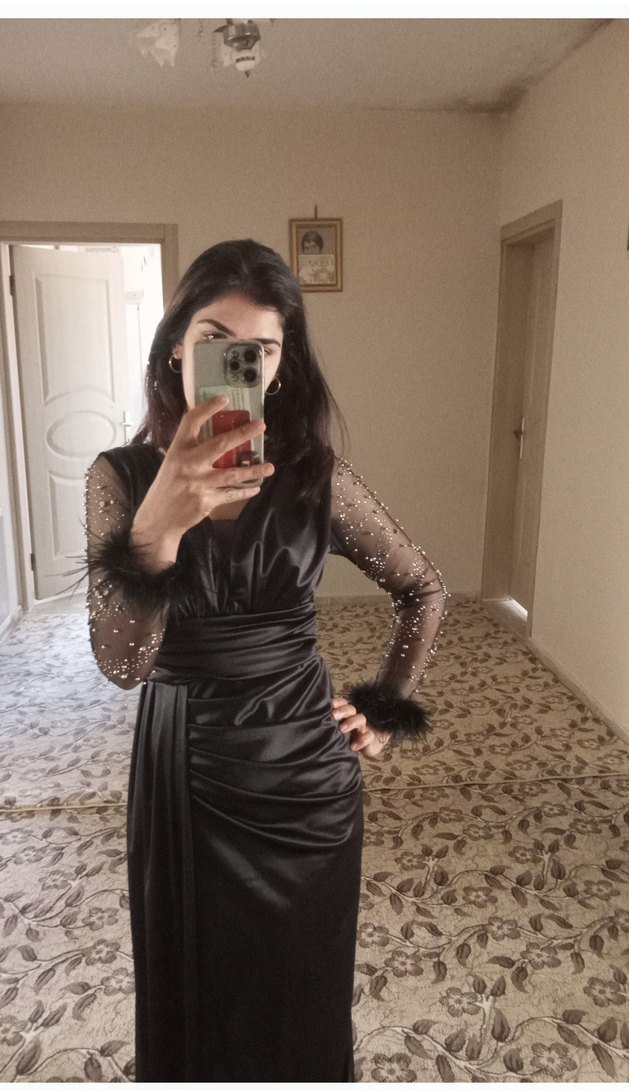 Uzun Siyah Drapeli Kadın Abiye Elbise - Görsel 2