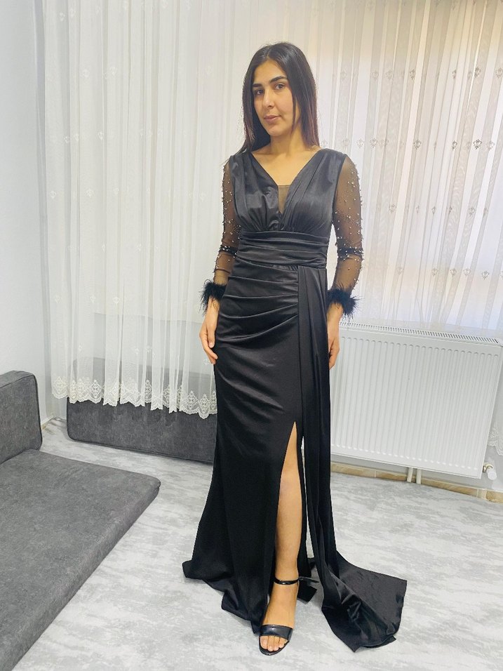 Uzun Siyah Drapeli Kadın Abiye Elbise - Görsel 3