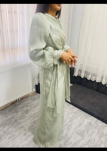 Bej Drapeli Uzun Kollu Uzun Abiye Elbise - Görsel 4