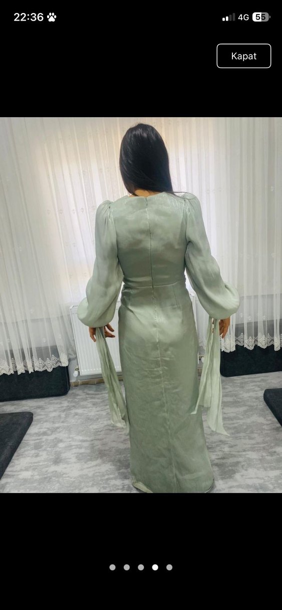 Bej Drapeli Uzun Kollu Uzun Abiye Elbise - Görsel 2