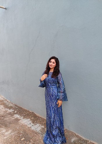 Uzun Lacivert Bohem Kadın Abiye Elbise - Görsel 2