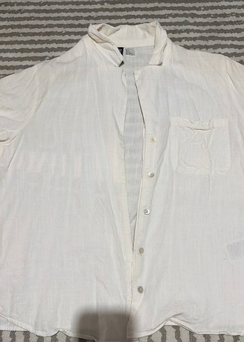 Düğmeli Beyaz Keten Kadın Gömlek - Görsel 2