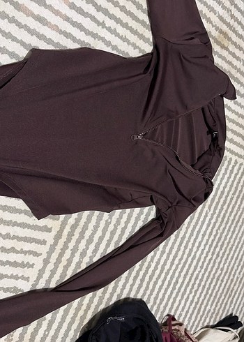 Fermuarlı V Yaka Kahverengi Kadın Bluz - Görsel 2