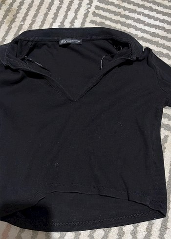 Siyah V Yaka Kısa Kollu Crop Top - Görsel 2