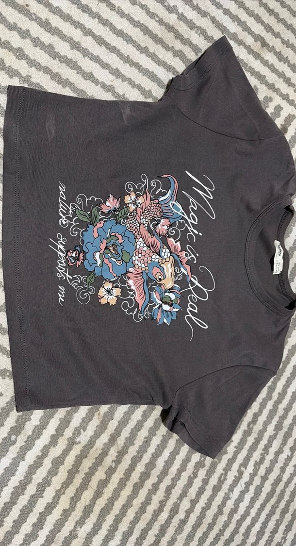 Bohem Desenli Kısa Kollu Gri Tişört - Görsel 2