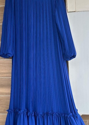 Uzun Kollu Mavi Piliseli Kadın Elbise - Görsel 2